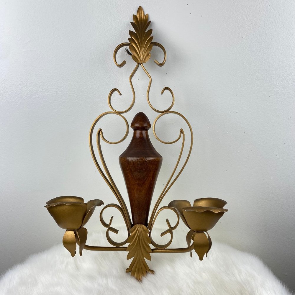 Vintage Wood & Brass Rose Candle Holder Wall Hanging 17.5" X 9.5" X 4" - Picture 2 of 10